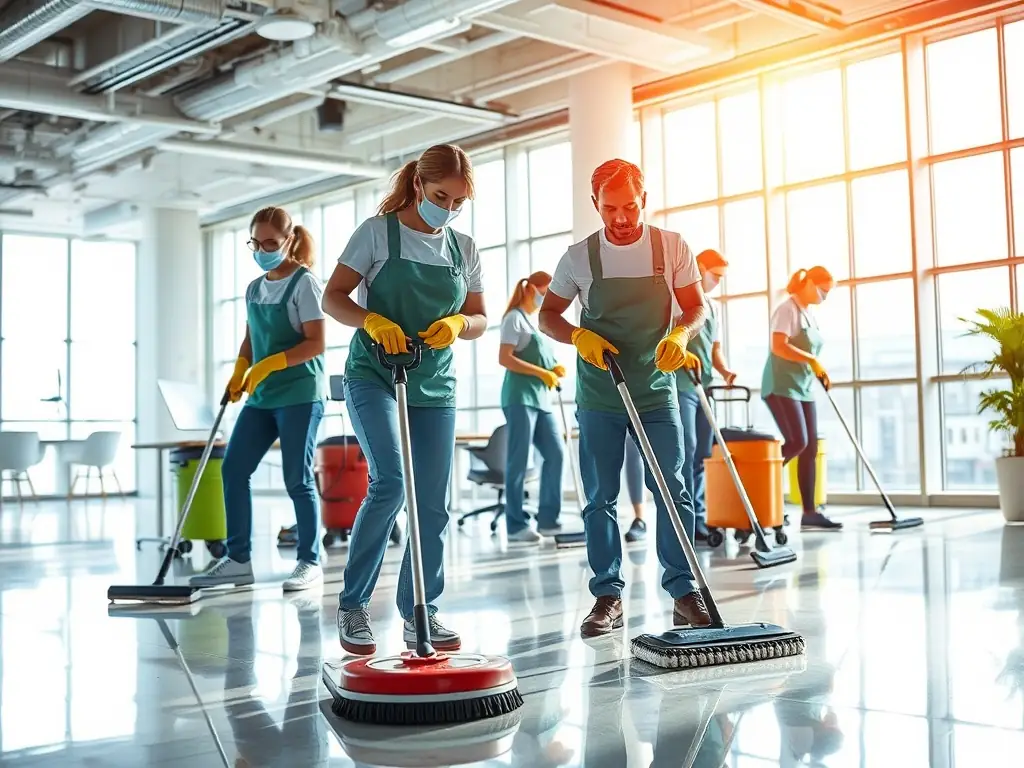 A team of cleaners working efficiently in a large office space.