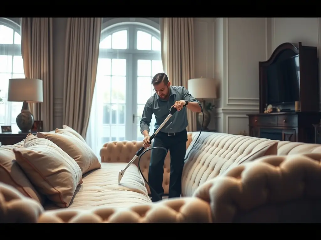 A close-up shot of a technician carefully cleaning upholstery with specialized equipment, highlighting the attention to detail and professional approach.