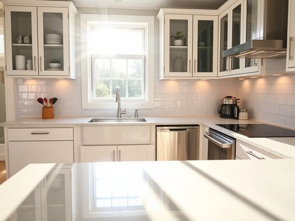 A high-definition, bright photograph showcasing a sparkling clean kitchen after a deep cleaning service, with focus on the spotless countertops and gleaming appliances.